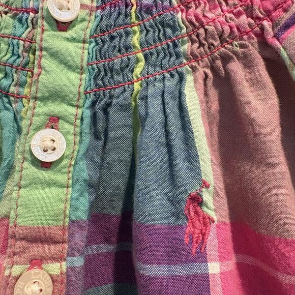 Ralph Lauren Dress Girls 2T Plaid Smocked Long Sleeve Pony Logo Madras Multi - Picture 3 of 11